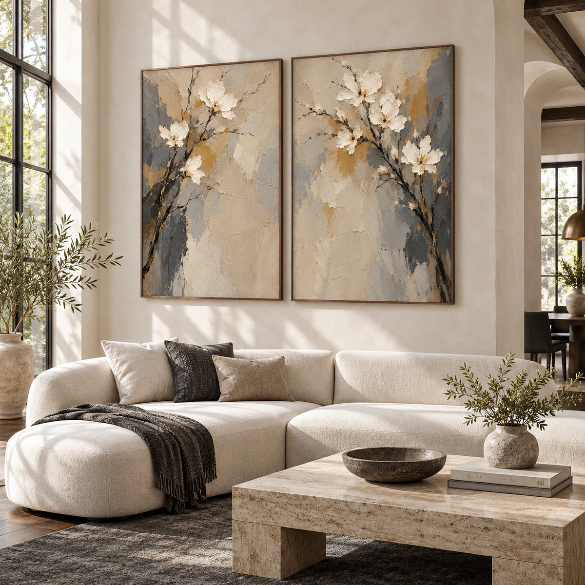 Parchment-Branch diptych displayed above a sofa in a bright living room.