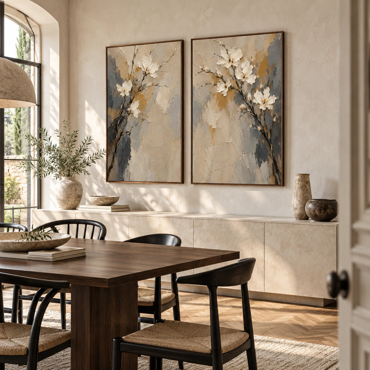 Parchment-Branch diptych above a refined dining room sideboard.