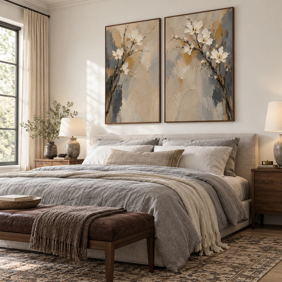 Parchment-Branch diptych in a quiet daylight bedroom.