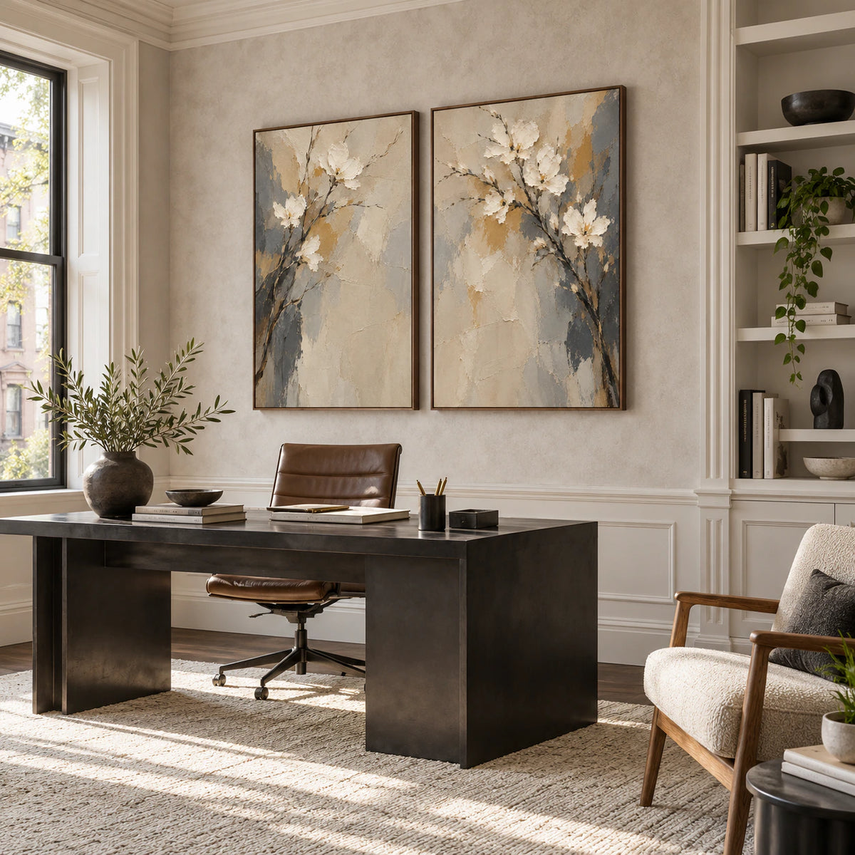Parchment-Branch diptych in an airy home office reading space.