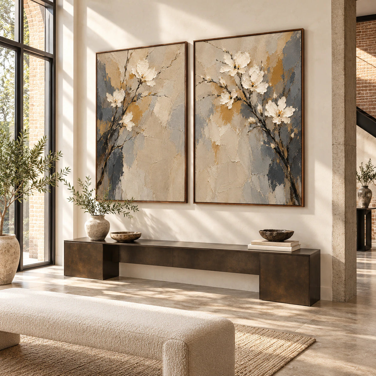 Parchment-Branch diptych installed at gallery scale in a bright foyer.