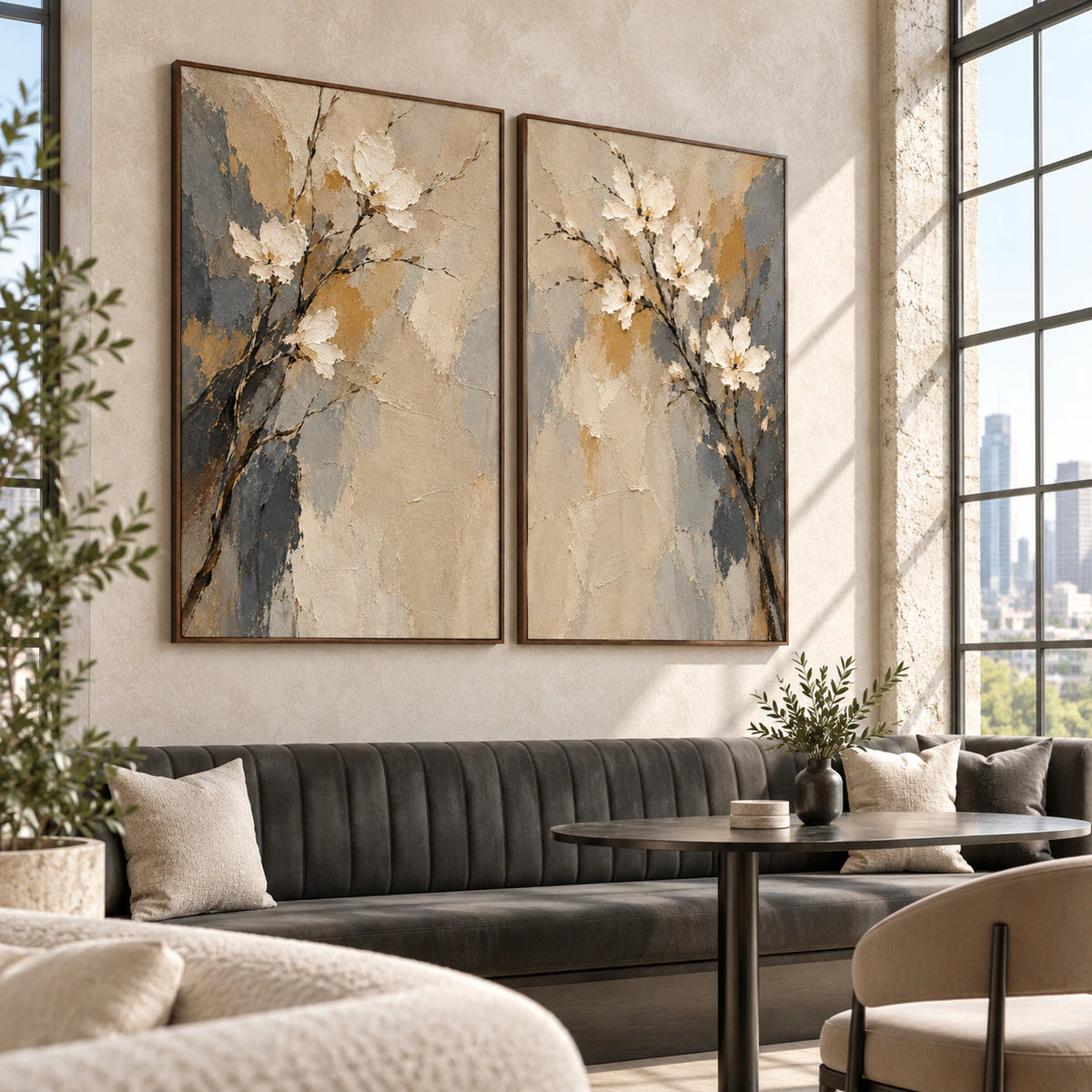 Parchment-Branch diptych in an expansive daylight loft hospitality interior.