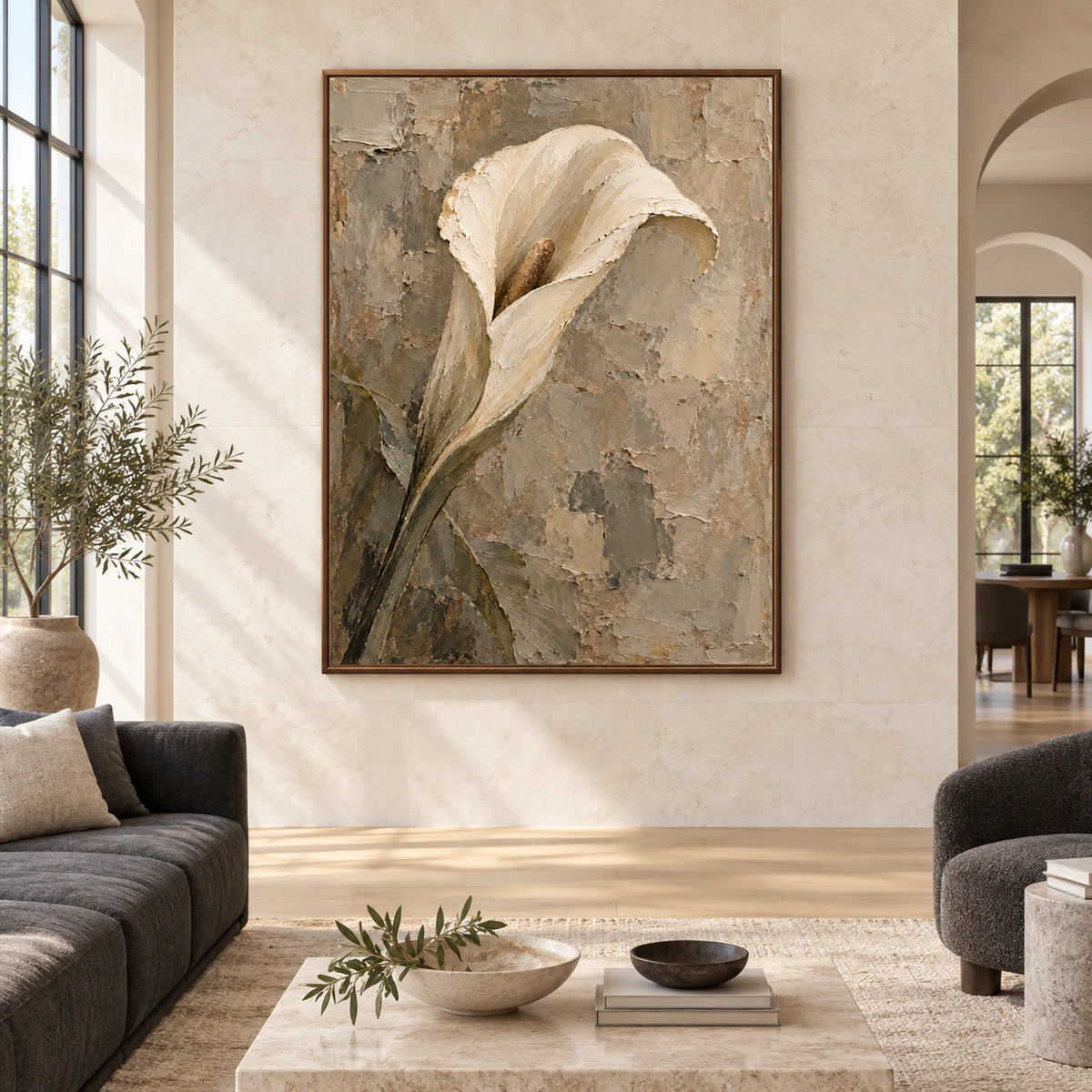 Large vertical calla painting displayed straight-on in a spacious sunlit architectural interior.
