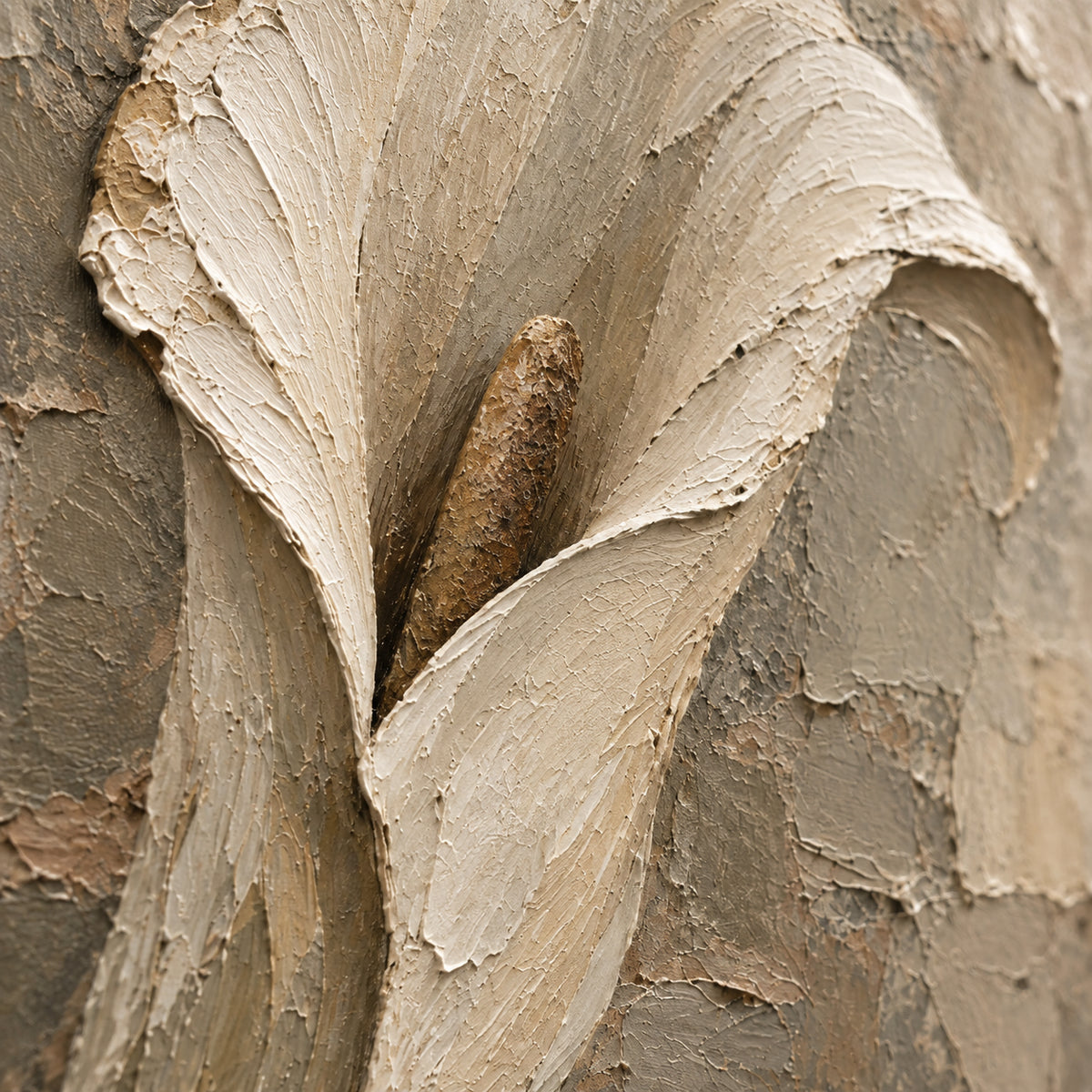Parchment-Calla oil painting brushwork and impasto detail photographed from an oblique side angle