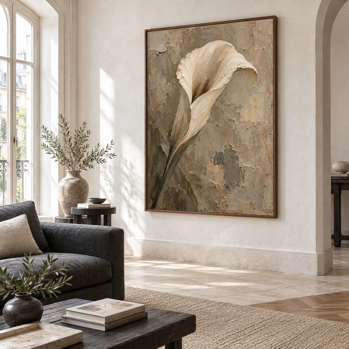 Vertical calla painting as the focal point of a bright contemporary living room.