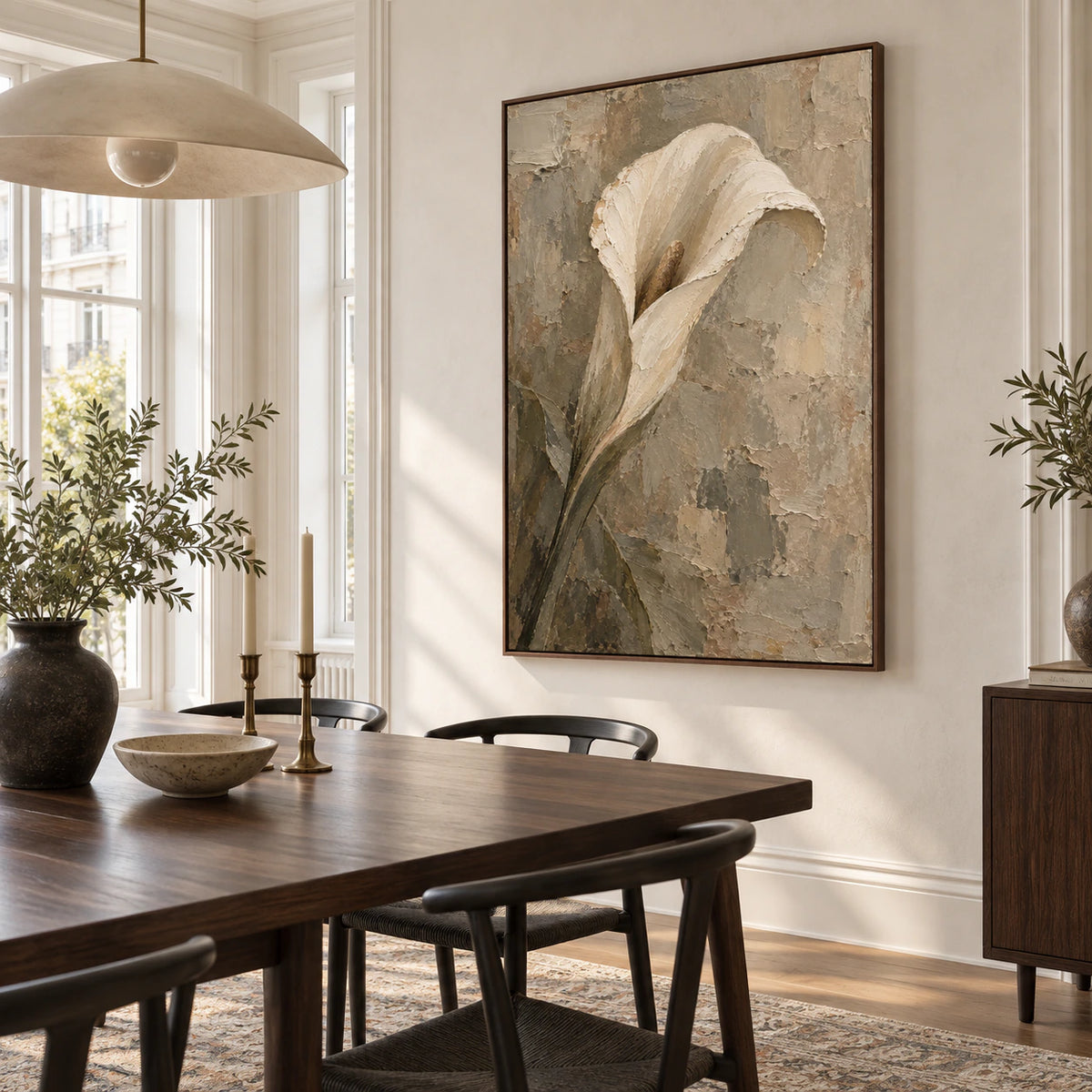 Textured calla artwork above a refined dining setting with daylight and sculptural furnishings.