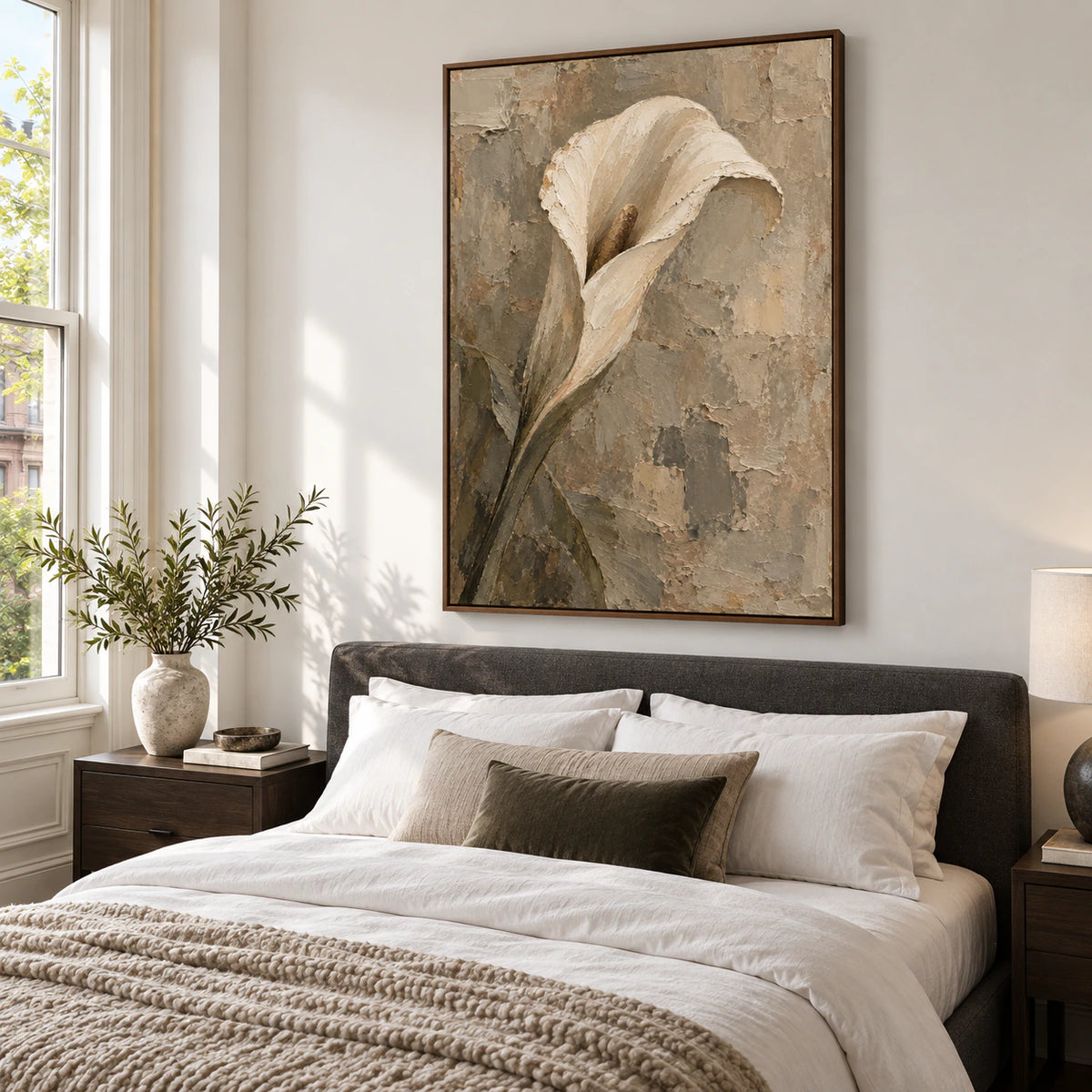 Ivory calla painting bringing tactile calm to a quiet, light-filled bedroom.