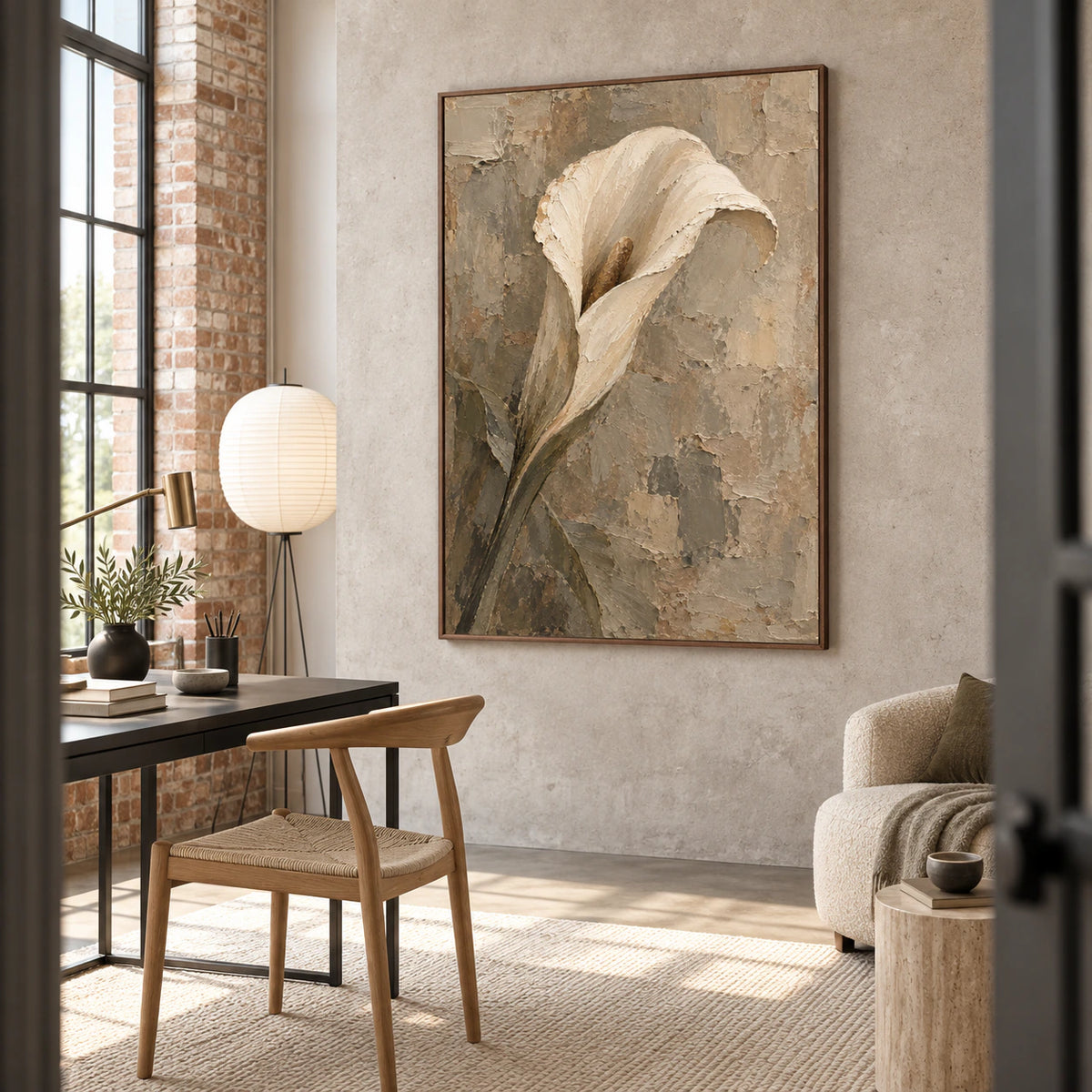 Vertical botanical painting featured in an airy home office reading space.