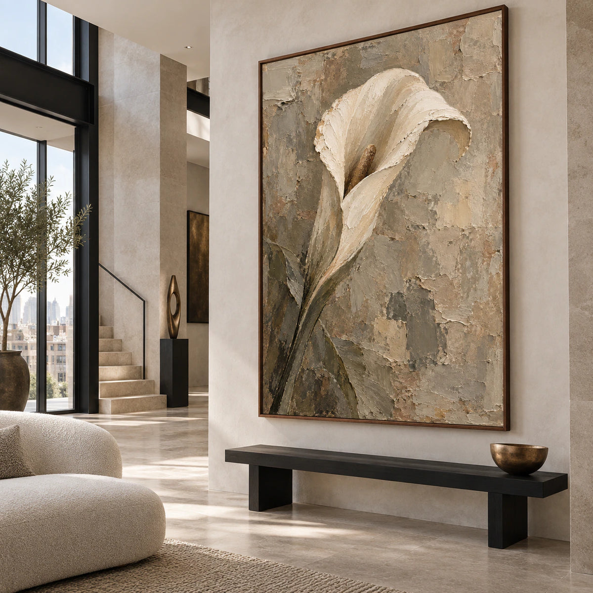 Large calla artwork presented at gallery scale in a bright stone-lined foyer.