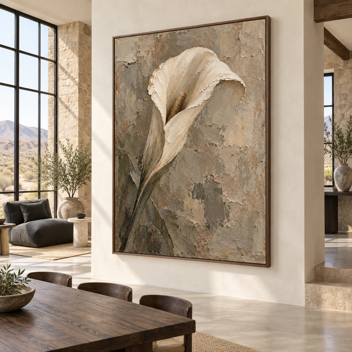 Textured vertical calla painting anchoring an expansive daylight-filled loft interior.