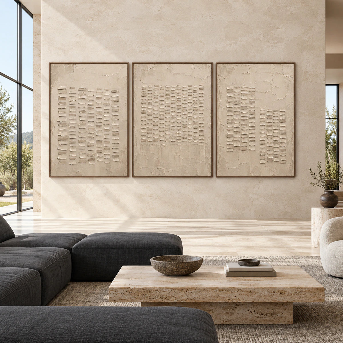 Large straight-on gallery room with the Parchment-Ciphers triptych displayed in slim walnut frames.