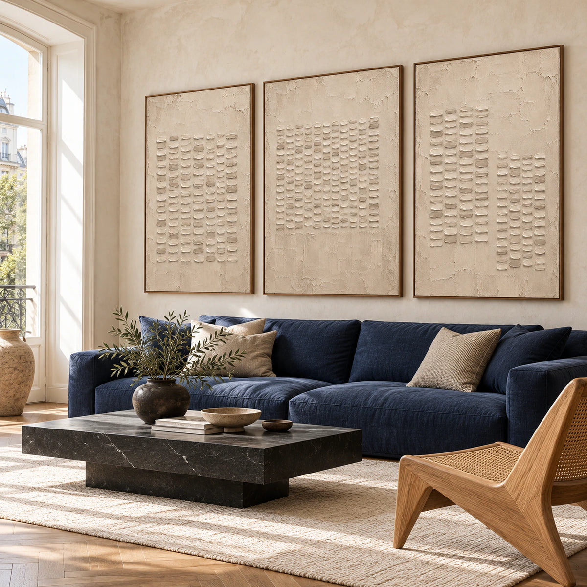 Bright living room with the three-panel Parchment-Ciphers triptych above a sculptural sofa.