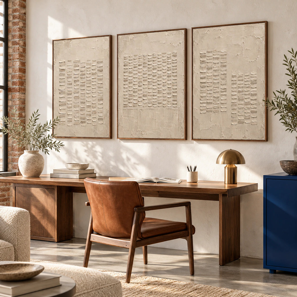 Airy reading office with the Parchment-Ciphers triptych as the central wall artwork.