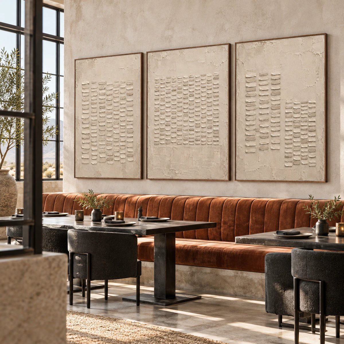 Expansive loft hospitality interior featuring the Parchment-Ciphers triptych at large scale.