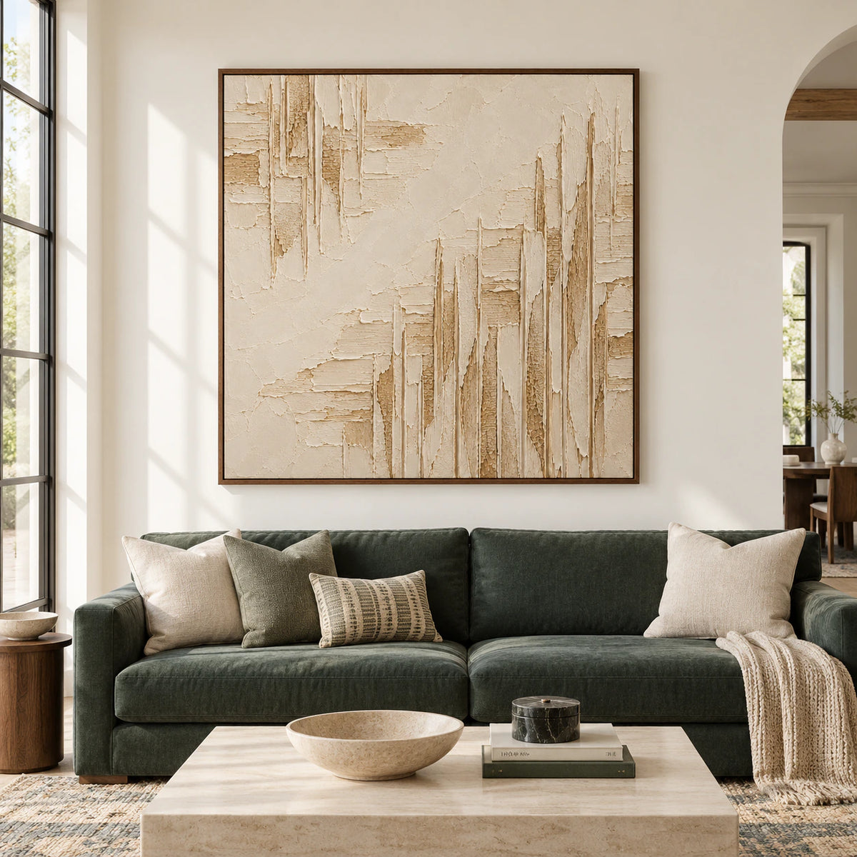 Large square ivory and sand-toned relief artwork displayed straight-on in a bright, spacious room.