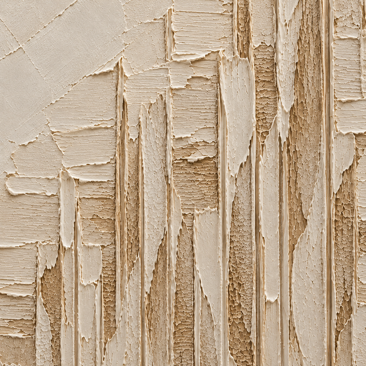 Parchment-Columns oil painting brushwork and impasto detail photographed from an oblique side angle