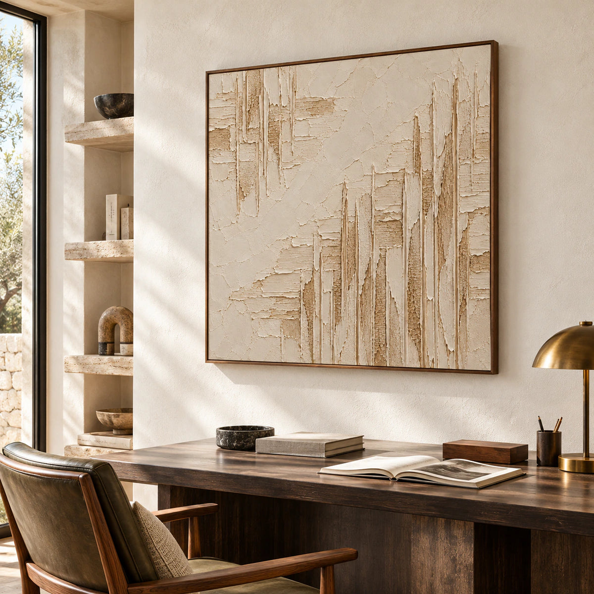 Square relief artwork featured in an airy home office with a dark desk and broad daylight.