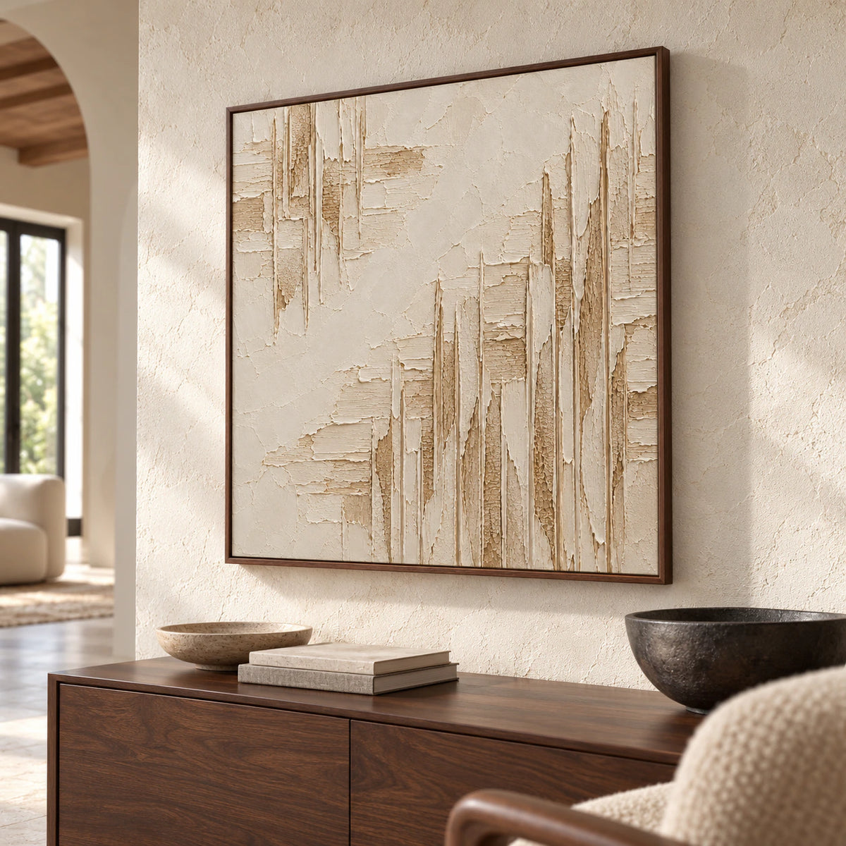 Large square artwork commanding a bright gallery-scale foyer with pale stone architecture.