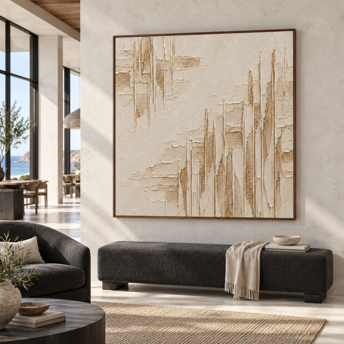 Square textured artwork displayed at scale in an expansive loft interior with restrained furnishings.