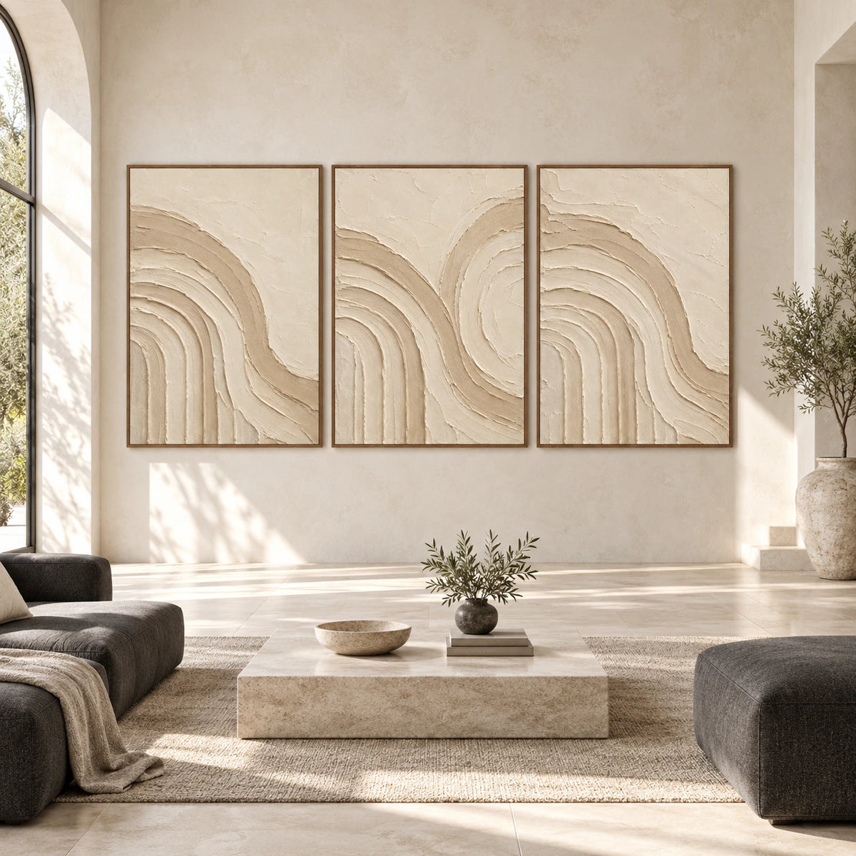 Large Parchment-Current triptych in slim walnut frames, shown straight-on across a spacious light-filled interior.