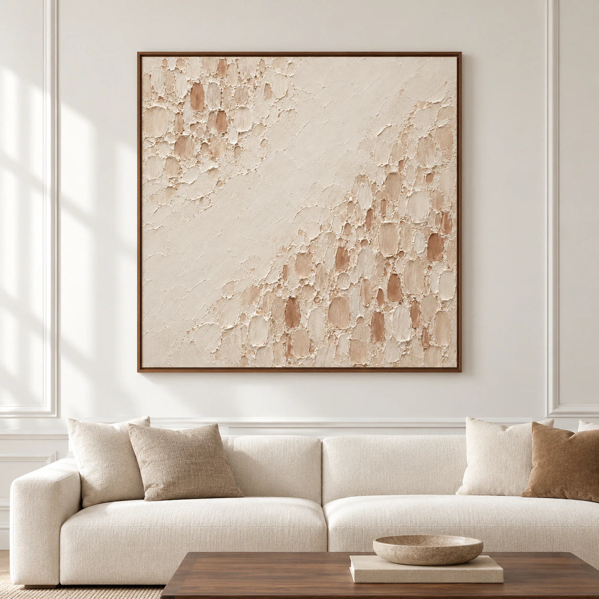Large square Parchment-Divide painting viewed straight-on in a spacious architectural room with bright natural daylight.