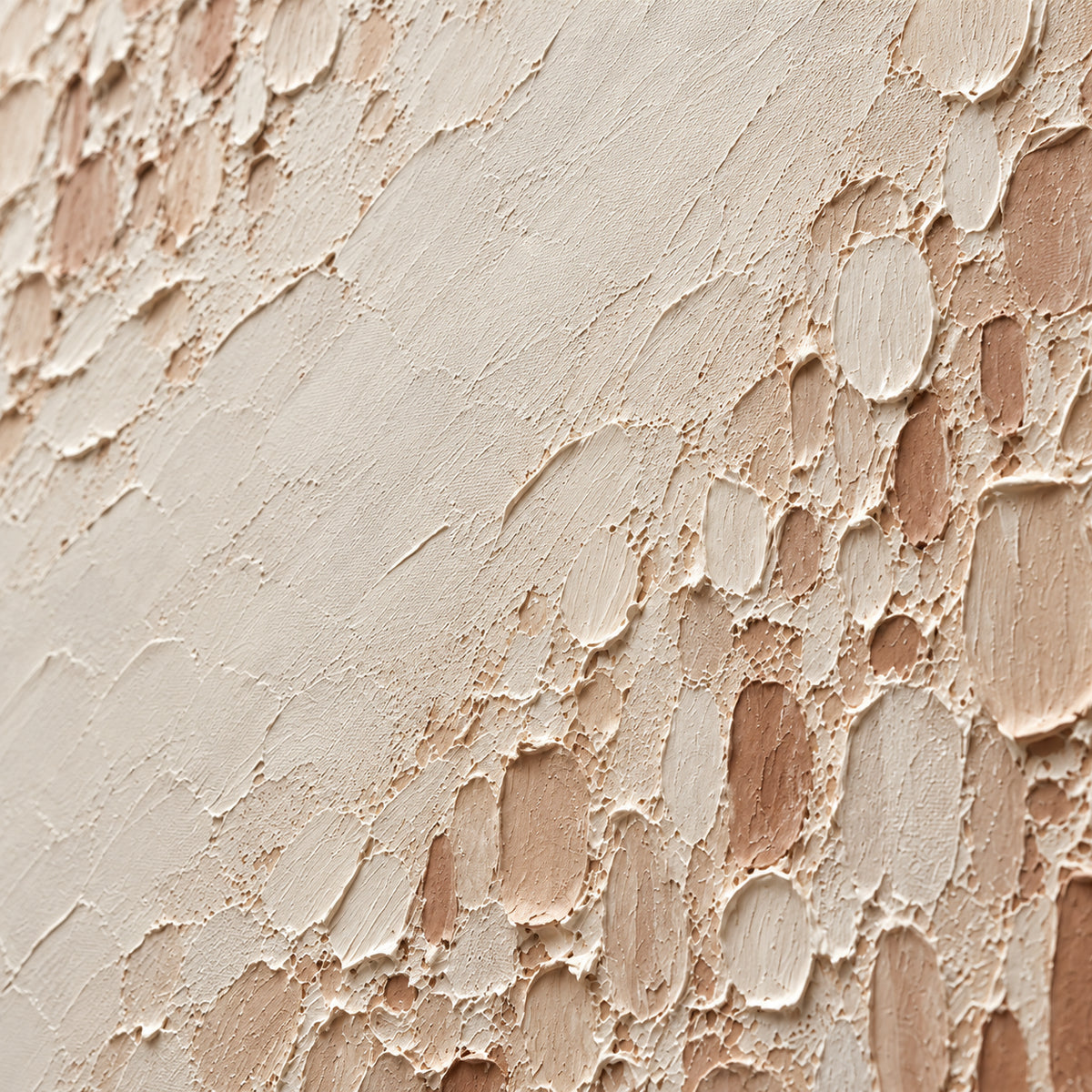 Oblique close-up of Parchment-Divide oil painting, with grazing light revealing raised strokes, rough edges and ivory, sand and clay tones.