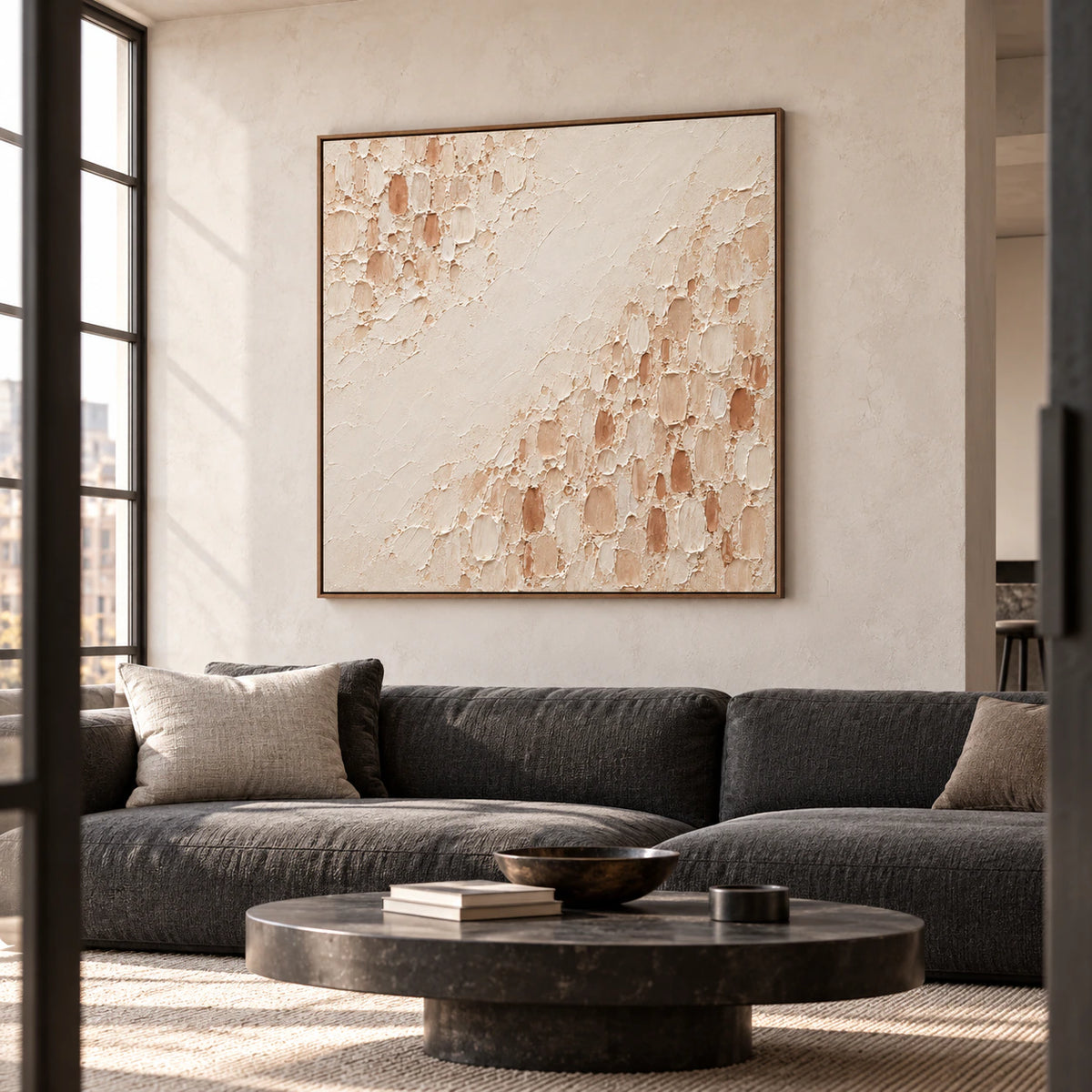 Square Parchment-Divide painting above a charcoal sofa against a pale plaster wall, with a dark low table in a bright living room.