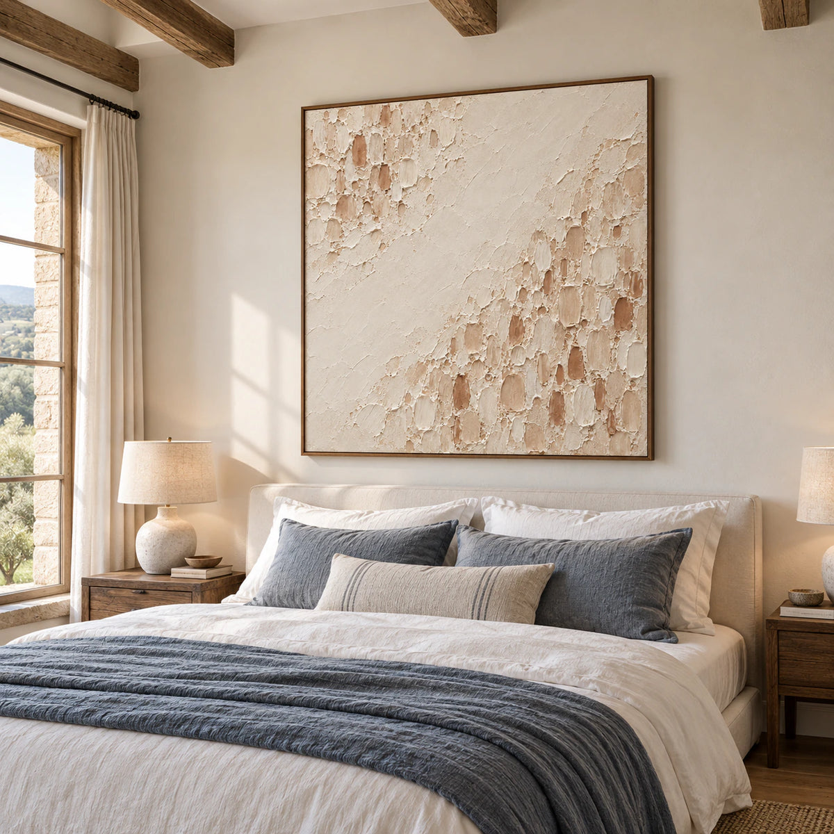Square Parchment-Divide painting above a low bed with white bedding and blue-gray accents, viewed slightly from the right and above in soft daylight.