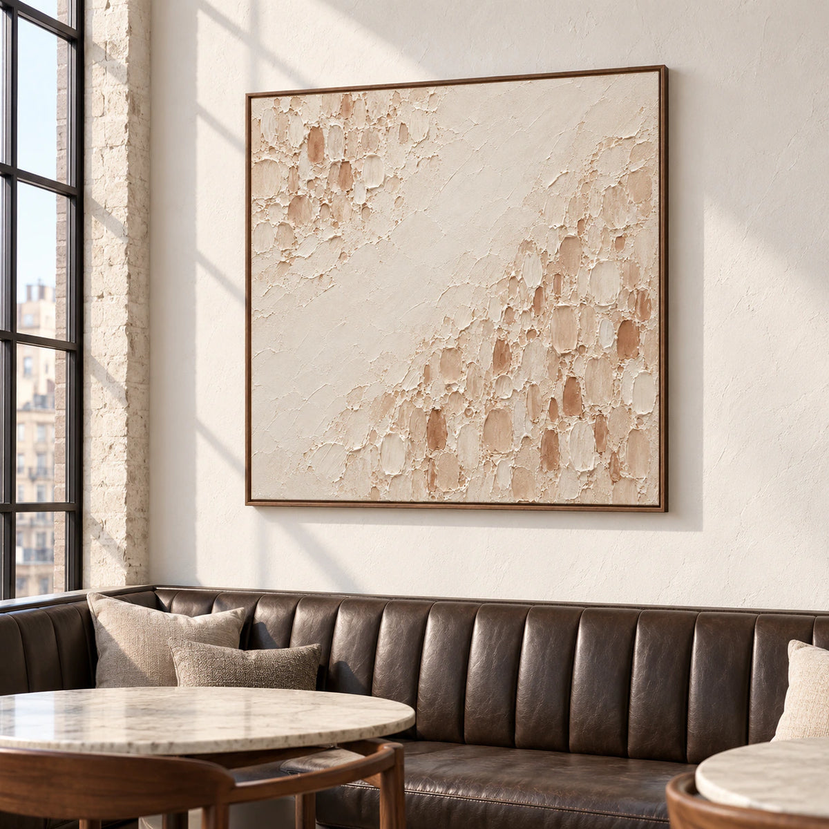 Square Parchment-Divide painting above a long dark leather banquette in a spacious hospitality loft with tall steel windows and pale masonry, viewed from the distant left.