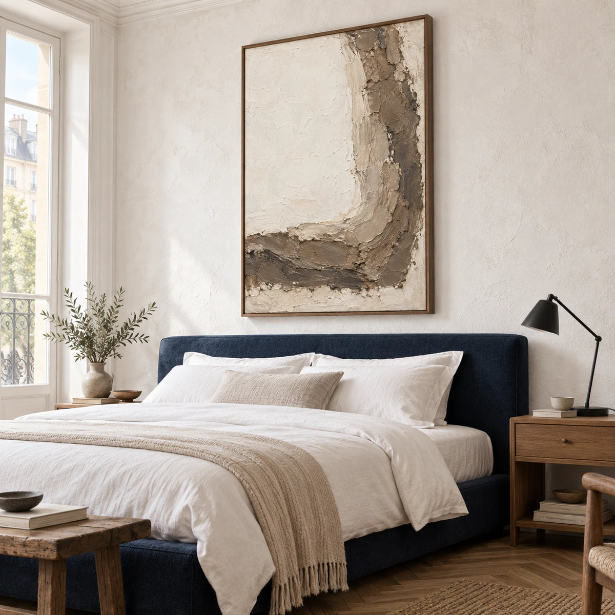 Vertical ivory and earth-toned textured abstract painting in a quiet daylight bedroom.