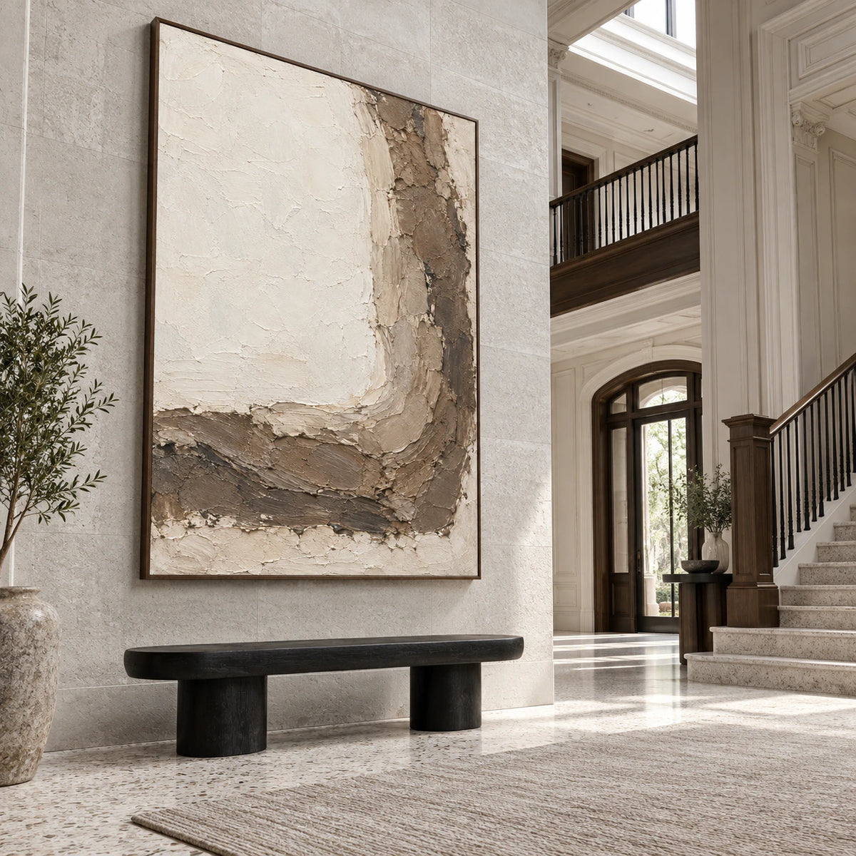 Large vertical ivory and earth-toned textured abstract painting in a gallery-scale foyer.