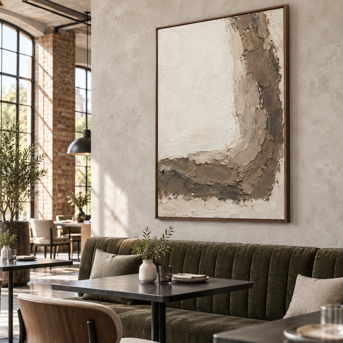 Large vertical ivory and earth-toned textured abstract painting in an expansive loft hospitality interior.