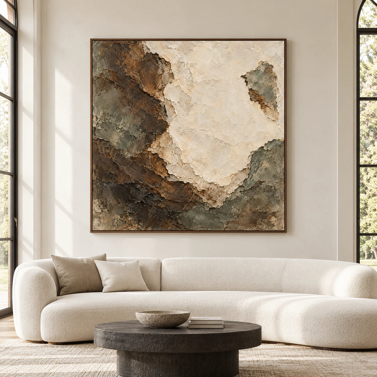 Large square abstract painting viewed straight-on in a spacious, bright architectural living room with restrained furnishings and natural daylight.