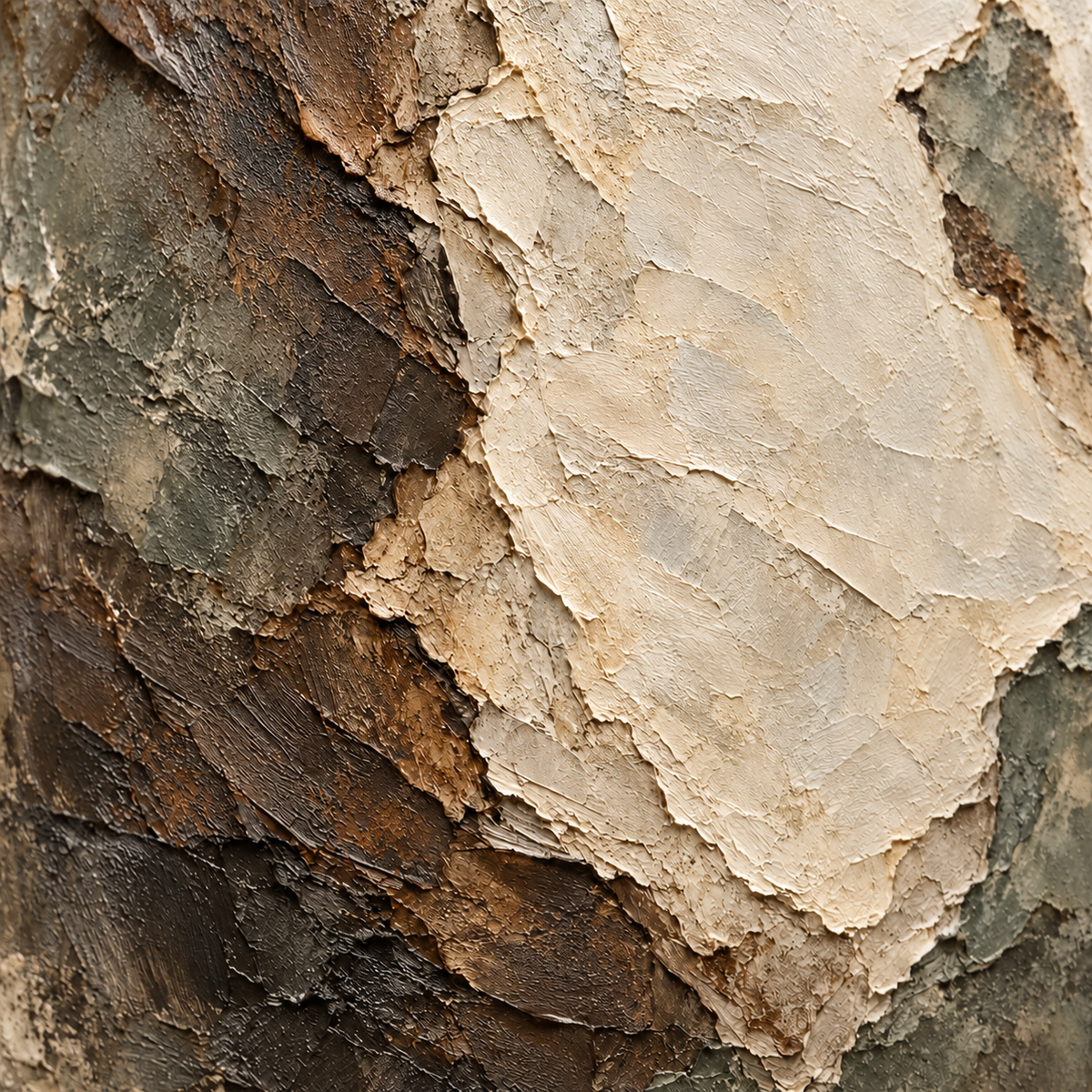 Oblique close-up of the oil painting’s raised paint, weathered edges and earthy color transitions, with grazing light revealing surface relief.
