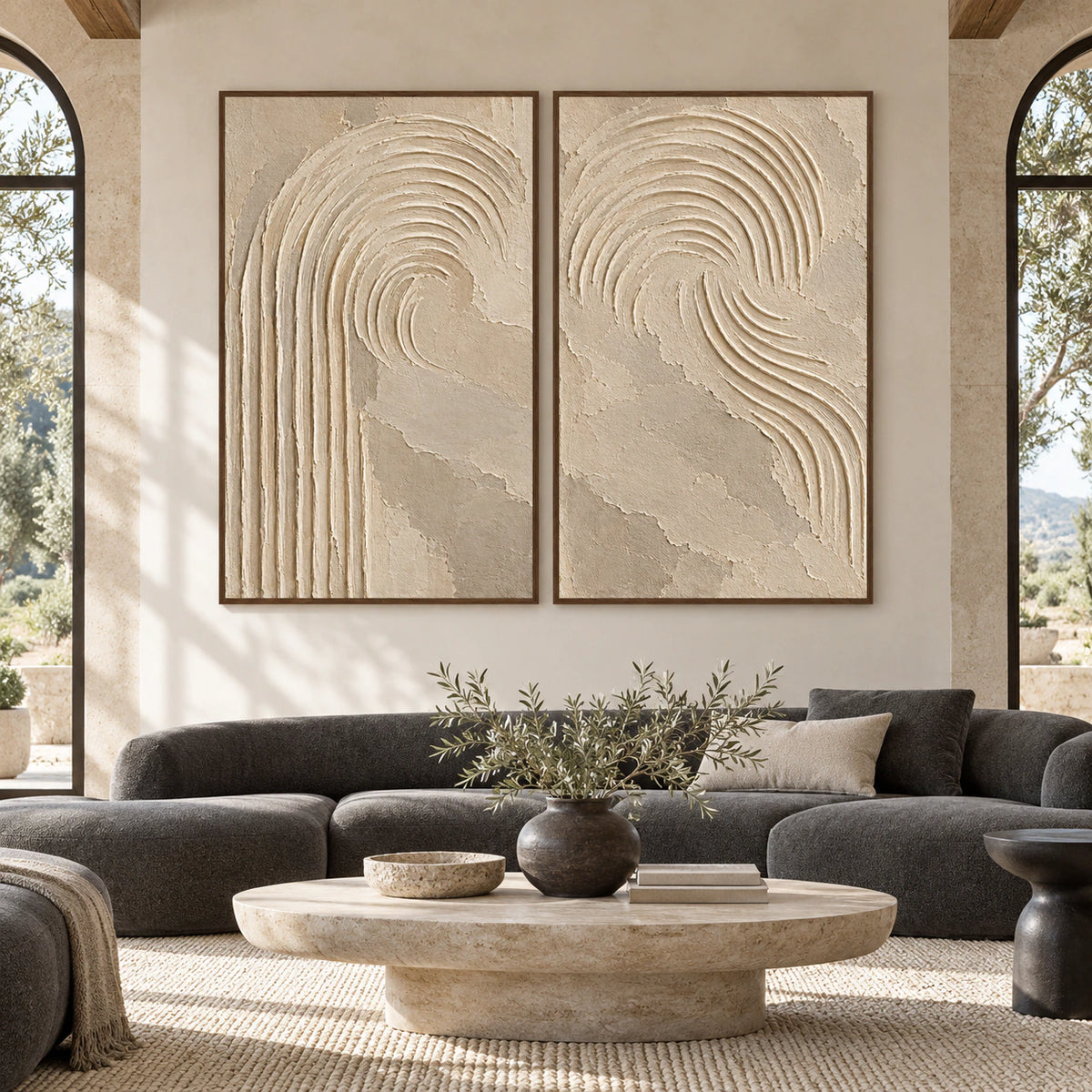 Large straight-on architectural room featuring the Parchment-Flow diptych in matching slim walnut frames.