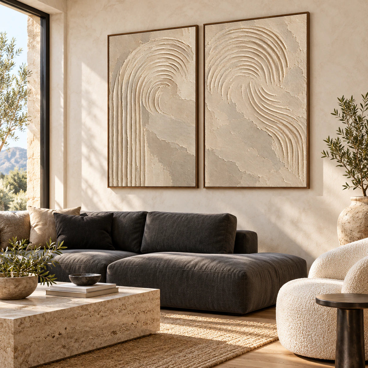 Bright living room with the Parchment-Flow diptych as the central wall artwork.