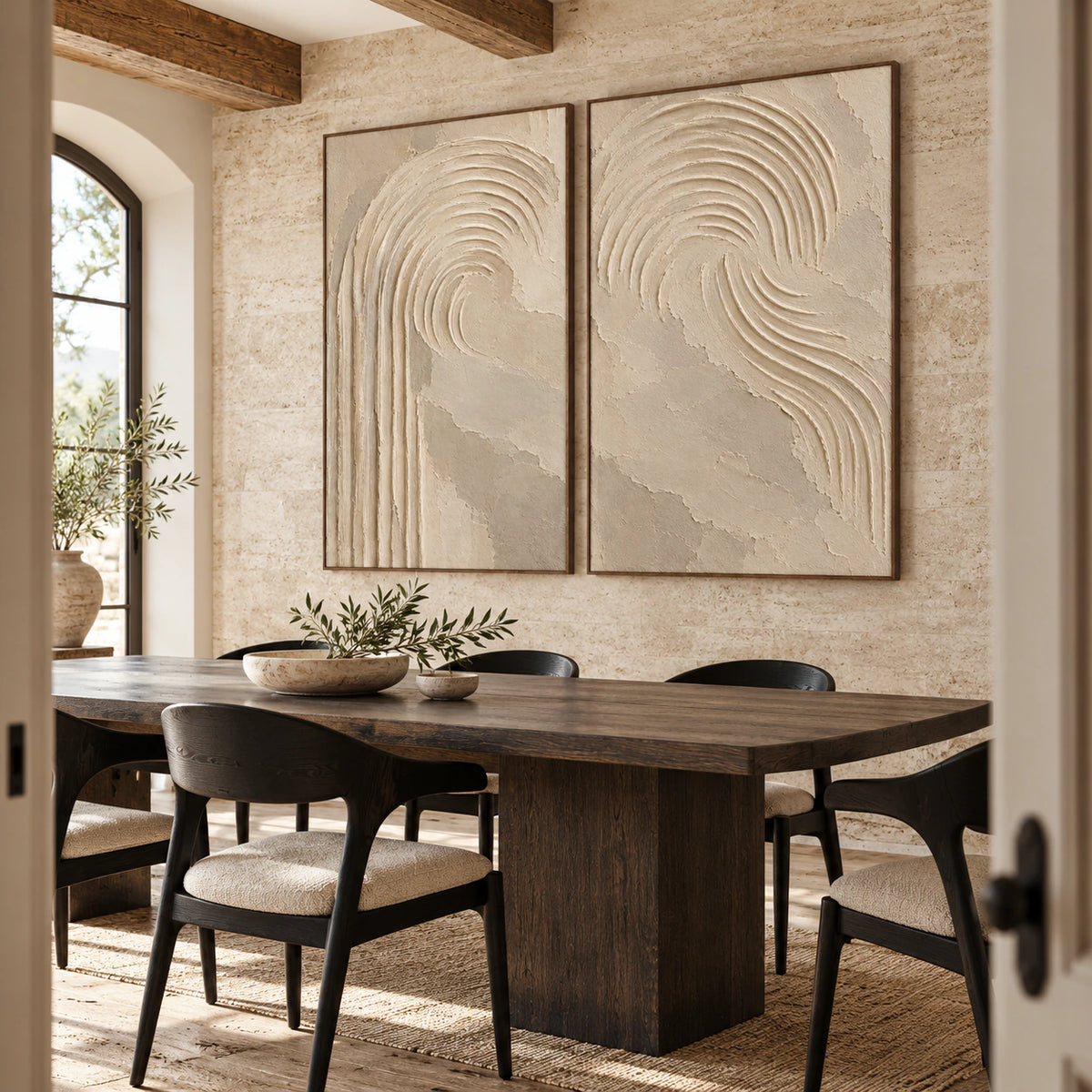 Refined dining room with the Parchment-Flow diptych in slim walnut frames.
