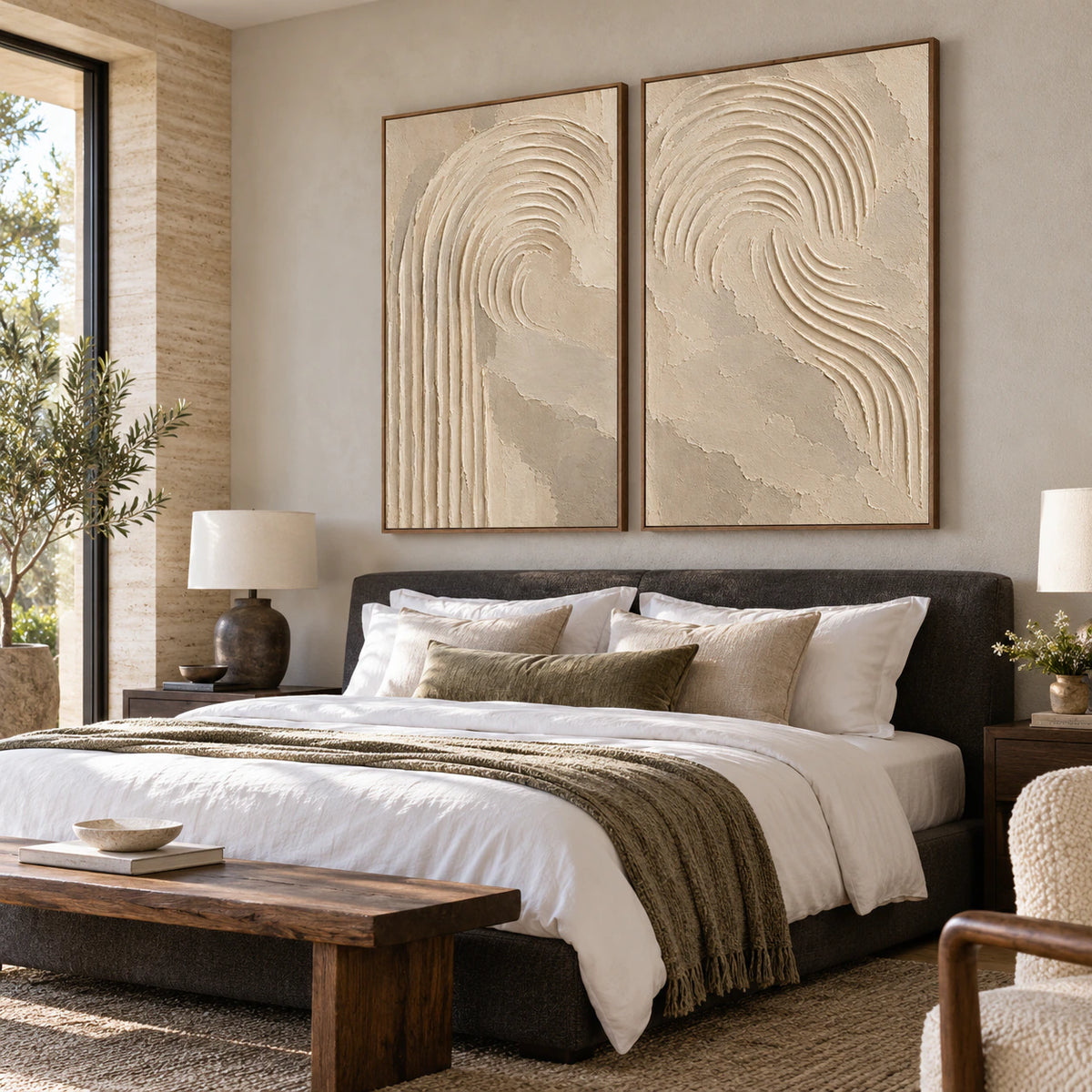 Quiet bedroom displaying the Parchment-Flow two-canvas diptych above a restrained bed.