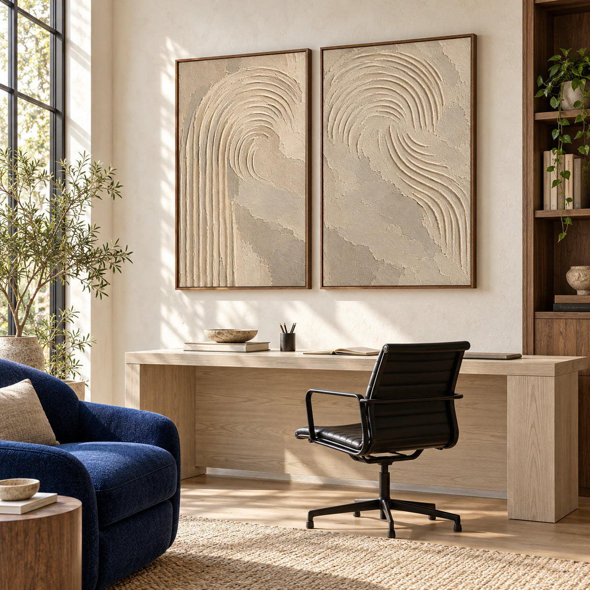 Airy reading office with the Parchment-Flow diptych as the focal artwork.