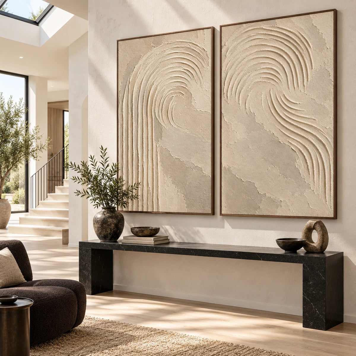 Gallery-scale foyer featuring the Parchment-Flow diptych side by side.
