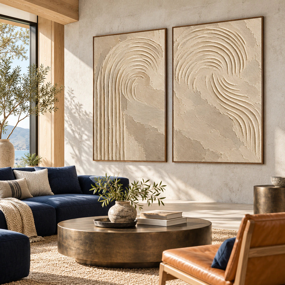 Expansive loft hospitality interior with the Parchment-Flow diptych as the visual focus.