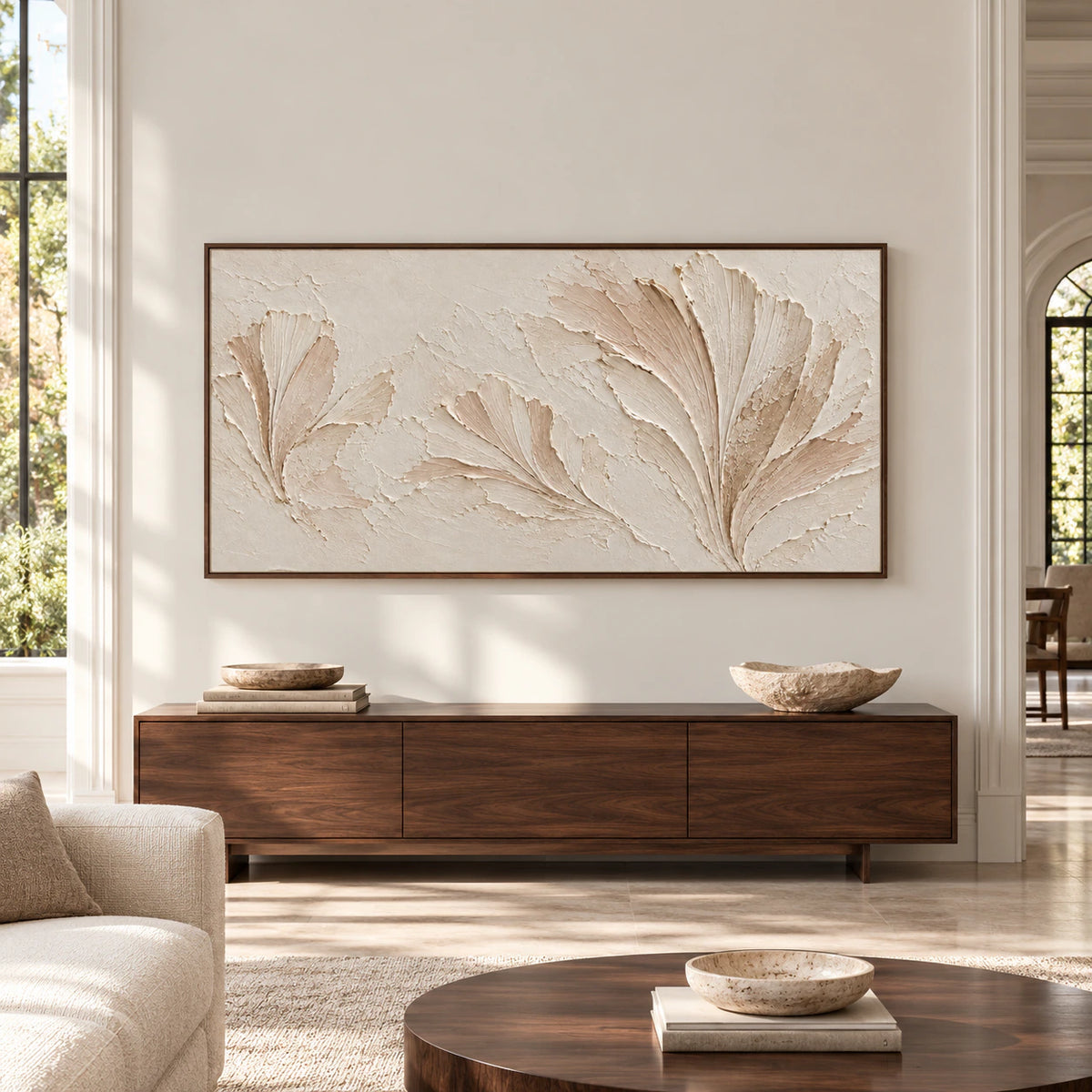 Large straight-on view of Parchment Fronds above a low console in a bright, spacious room.