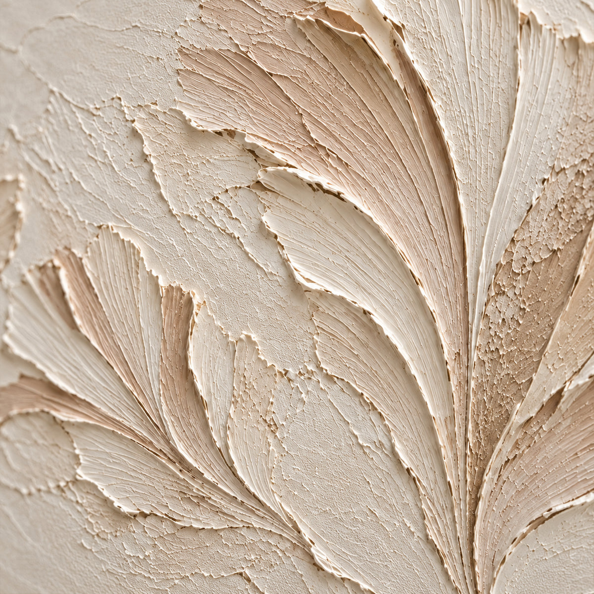 Parchment-Fronds oil painting brushwork and impasto detail photographed from an oblique side angle