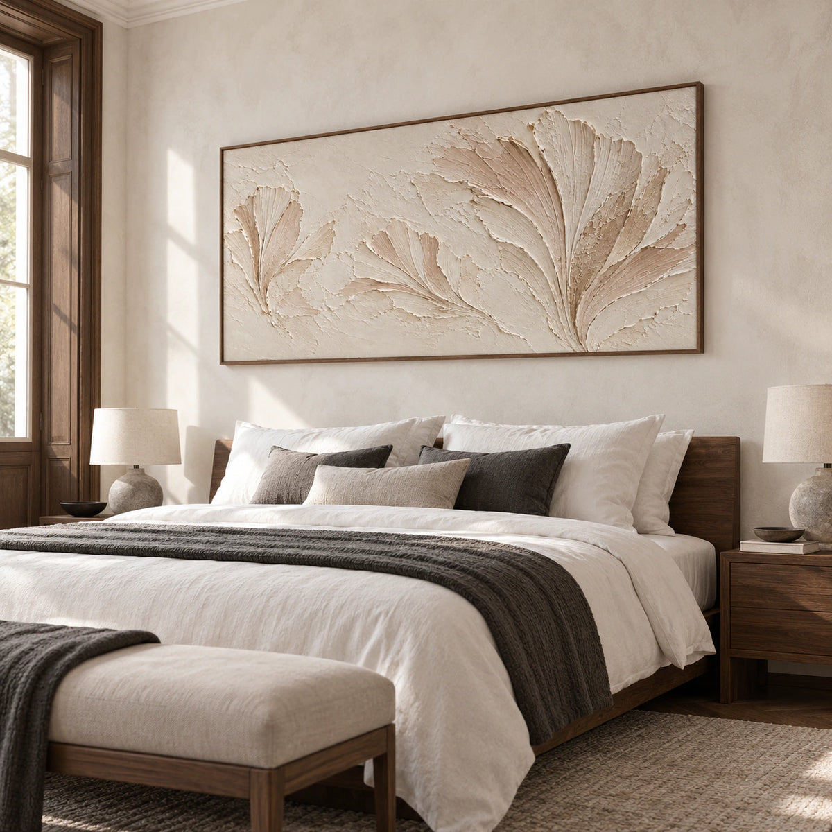 Parchment Fronds brings soft texture to a quiet bedroom above a low walnut bed, with white linen and morning light.
