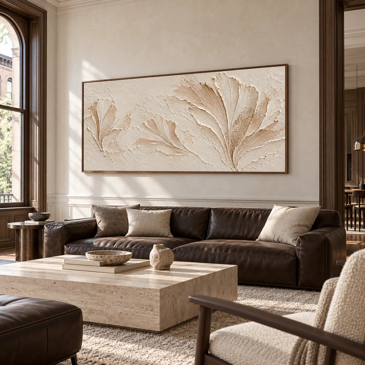 Parchment Fronds fills the wall of an expansive loft lounge, paired with restrained leather seating and generous daylight.