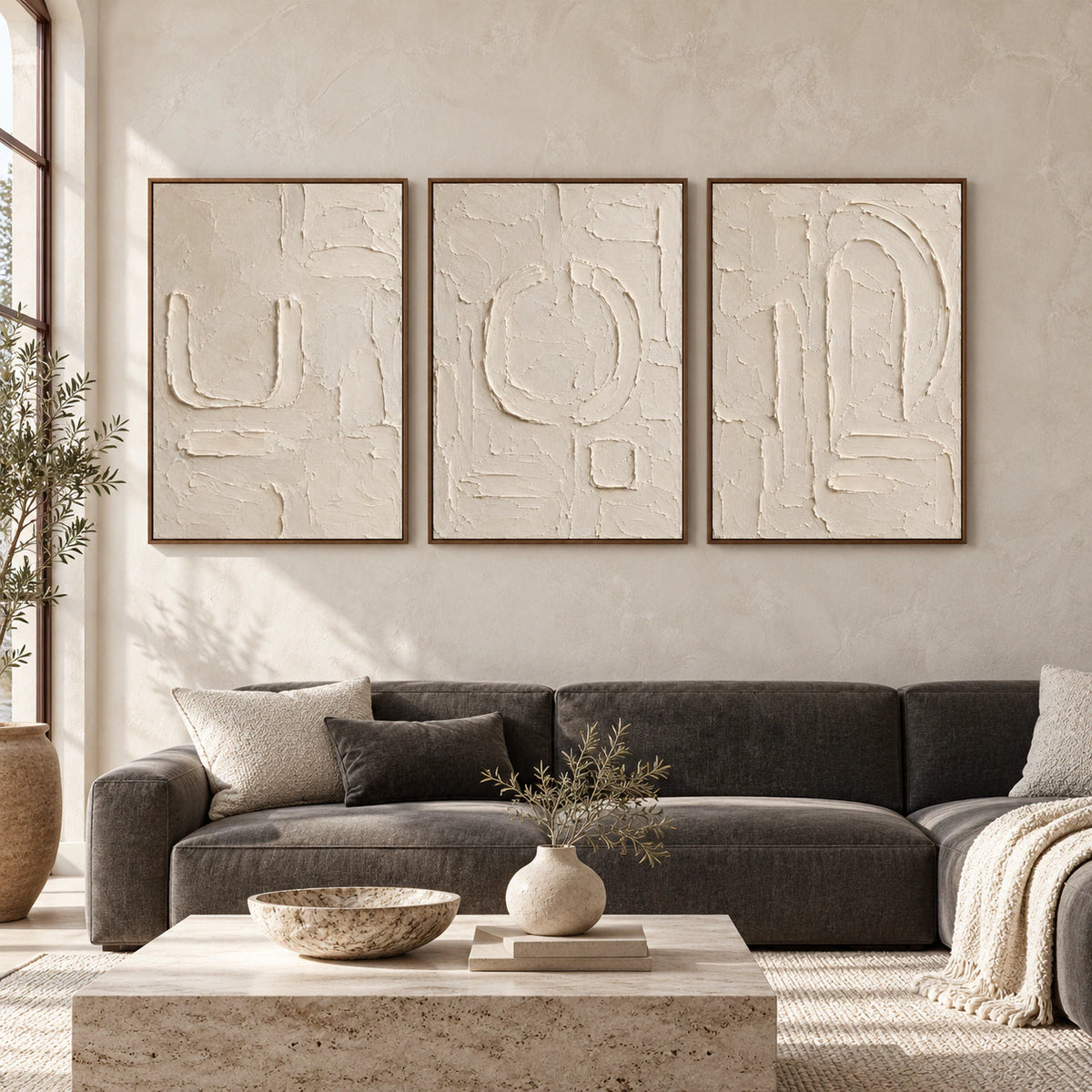 Large straight-on interior view of the Parchment-Glyph ivory relief triptych in matching slim walnut frames.