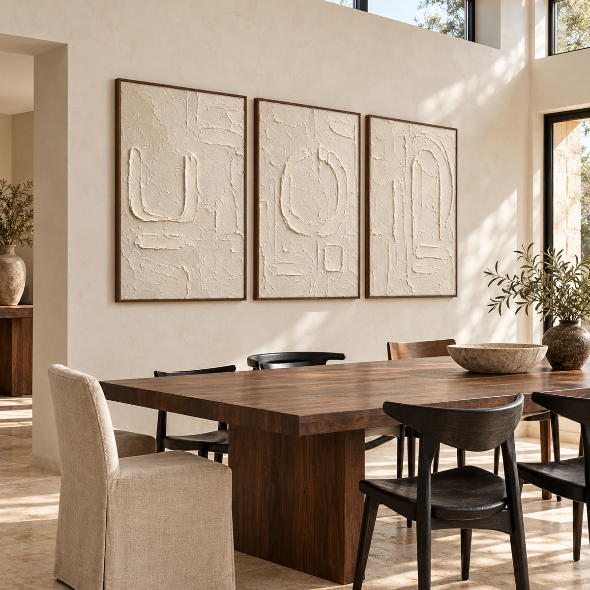 Parchment-Glyph triptych in a refined daylight dining room.