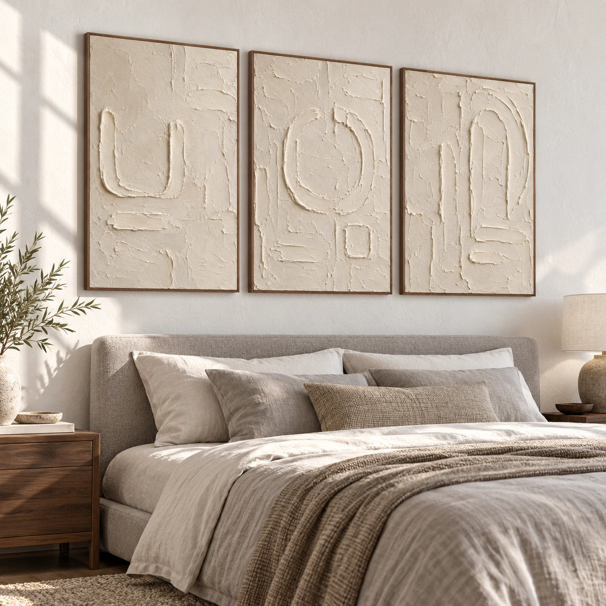 Parchment-Glyph triptych in a quiet, softly lit bedroom.