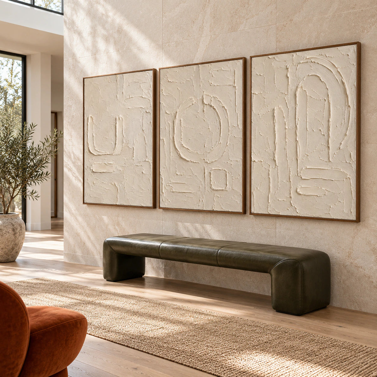 Parchment-Glyph triptych at gallery scale in a bright foyer.