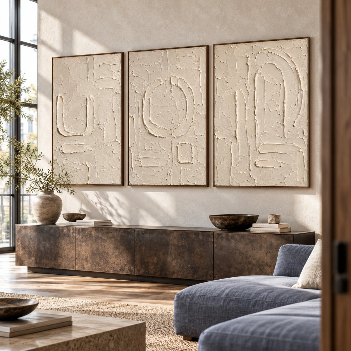 Parchment-Glyph triptych in an expansive daylight loft interior.